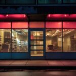 An empty shop window. There are also neon lights. An abandoned store. High quality photo