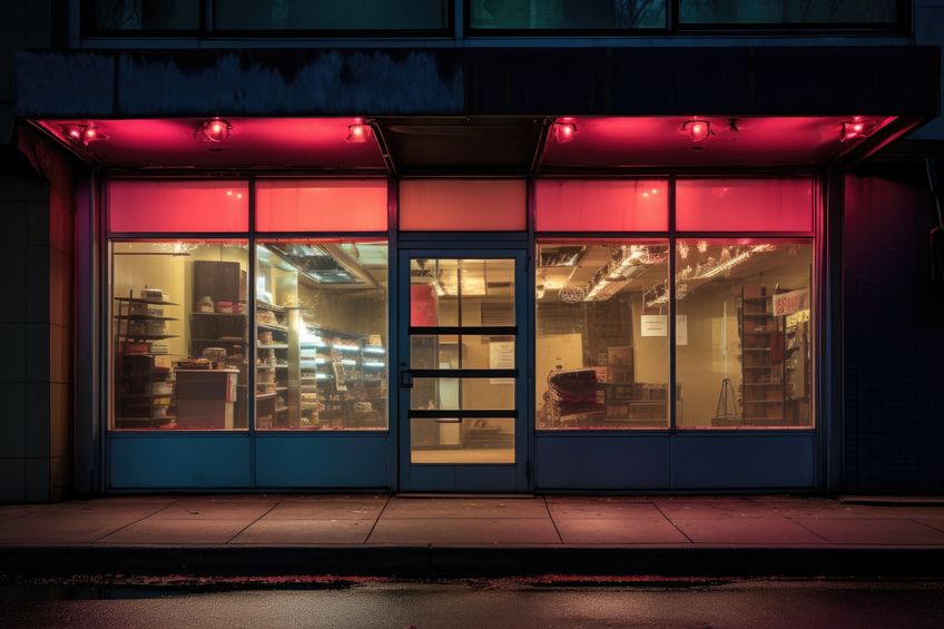 An empty shop window. There are also neon lights. An abandoned store. High quality photo